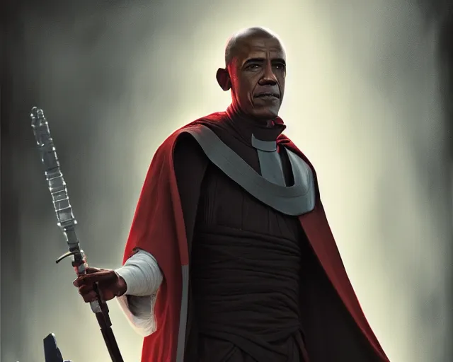 Image similar to 5 5 mm portrait photo of barack obama as mace windu. dark atmosphere. art by greg rutkowski. highly detailed 8 k. intricate. lifelike. soft light. nikon d 8 5 0.