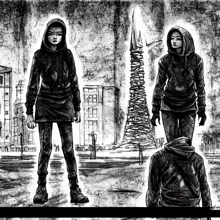 Image similar to storyboard : sadie sink in hoodie sits on bench in ruined square, pedestrians walk by, soviet monument and propaganda posters. scifi cyberpunk. by gabriel hardman. cinematic atmosphere, detailed and intricate, perfect anatomy