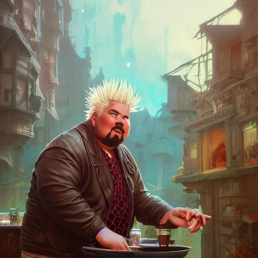 Image similar to Highly detailed portrait of fat Guy Fieri, Stephen Bliss, unreal engine, fantasy art by Greg Rutkowski, Loish, Rhads, ferdinand knab, Makoto Shinkai and Lois van baarle, ilya kuvshinov, rossdraws, Tom Bagshaw, alphonse mucha, global illumination, radiant light, detailed and intricate environment