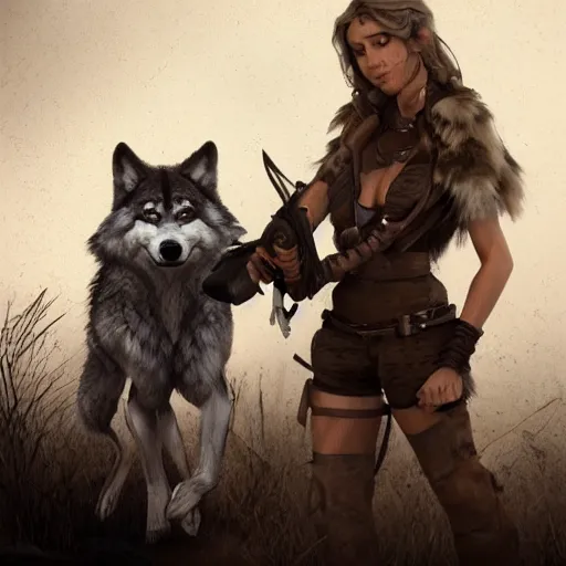 Image similar to a huntress and her pet wolf, detailed face, concept art, trending on artstation 3D.