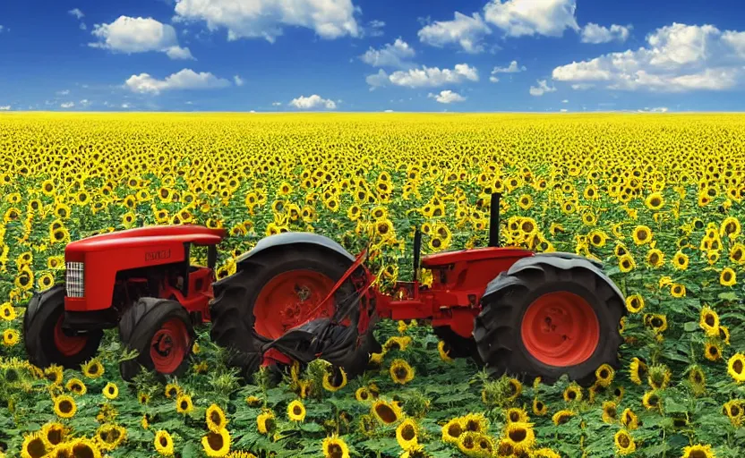 Prompt: hyperrealistic matte painting of cute little tractor dragging the russian tank on the sunflower field