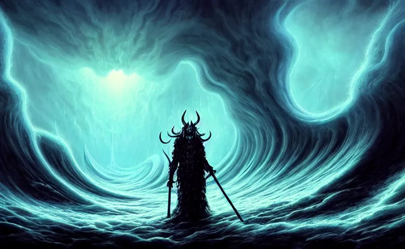 Image similar to beautiful digital fantasy illustration of a demon holding a staff!!, hellish background, a giant wave in the sky, apocalypse art!!!!, apocalypse landscape!!!!!, lovecraftian!!, cosmic horror!!!, concept art by Jarosław Jaśnikowski, a detailed matte painting by Dan Luvisi, cgsociety, fantasy art, highly detailed, soft lighting, rendered in octane, masterpiece, very very very aesthetic