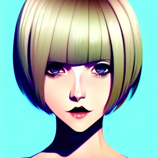 Image similar to urban girl fanart, blond bob haircut, muted colors, matte print, pastel colors, ornate, digital art, cute smile, digital painting, fan art, elegant, pixiv, by ilya kuvshinov