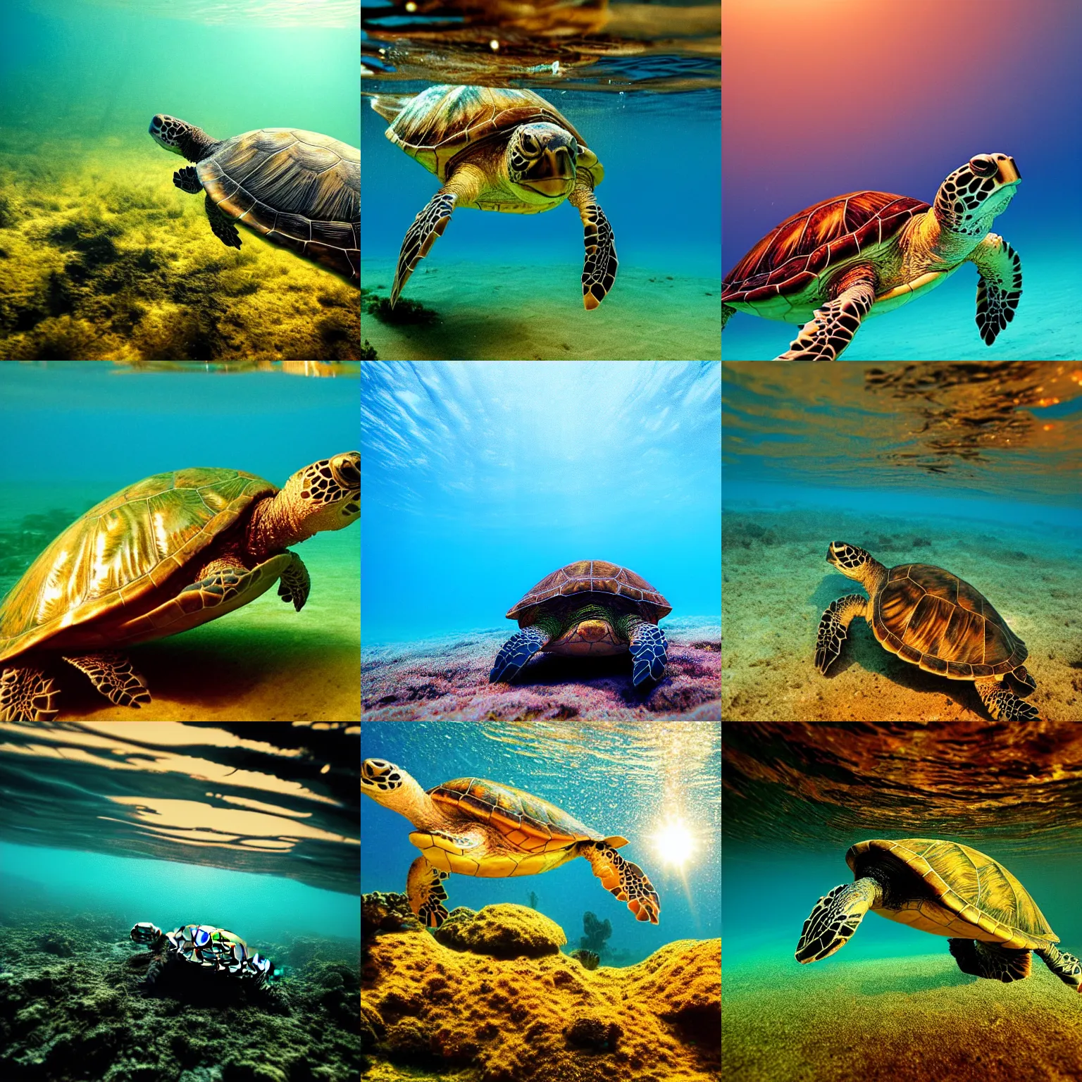 Prompt: a turtle rise to the surface to breath, the golden hour, underwater photograph