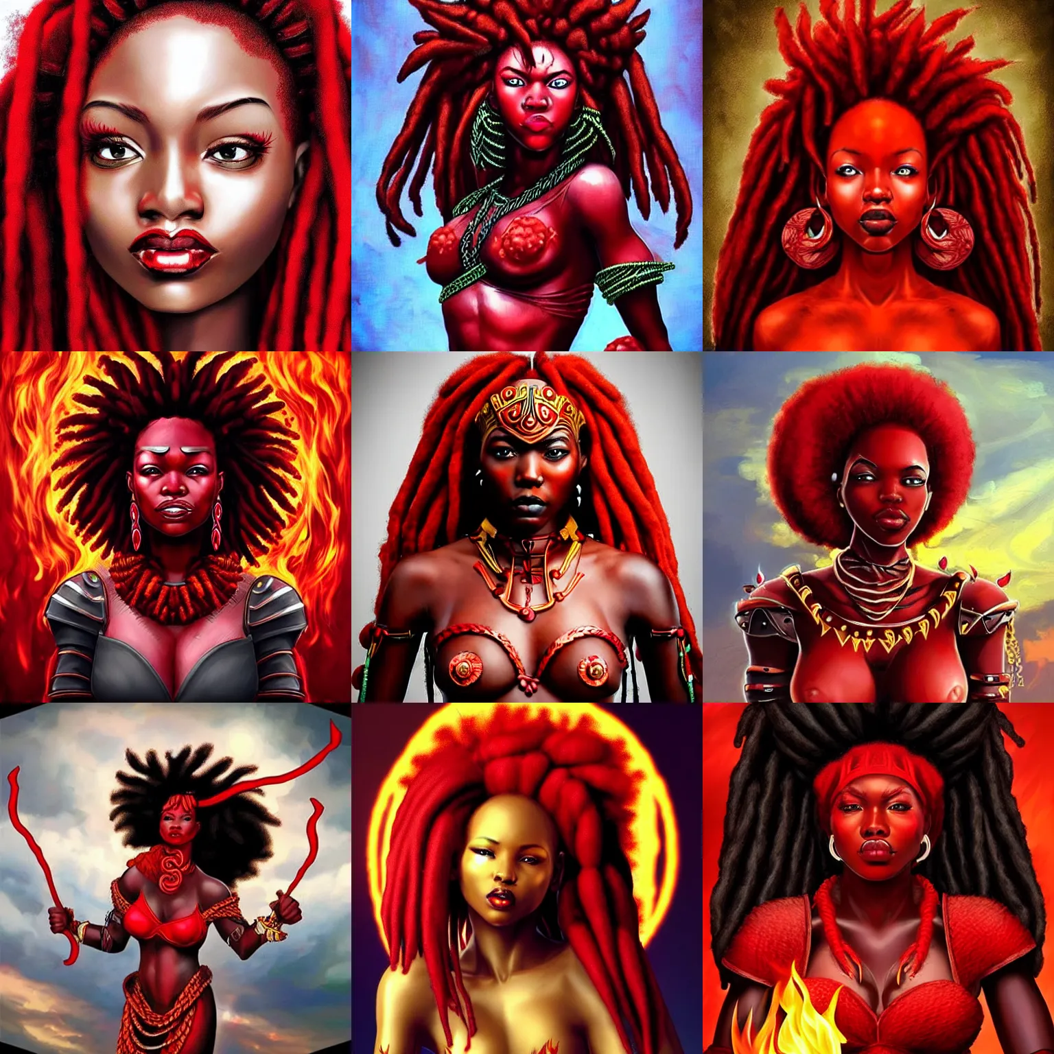 Prompt: african queen, red afro dreadlocks on fire, beautiful face, red demon armor, inspired by artgerm