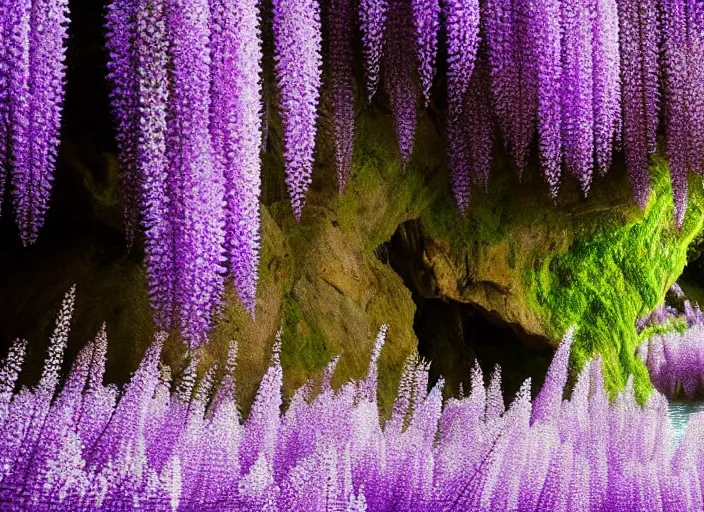 Image similar to long shot of a tiny wisteria tree on an island in a river in an underground cave. fantasy magic style. highly detailed 8 k. intricate. lifelike. epic. movie poster. soft light. sony a 7 r iv 5 5 mm. cinematic post - processing