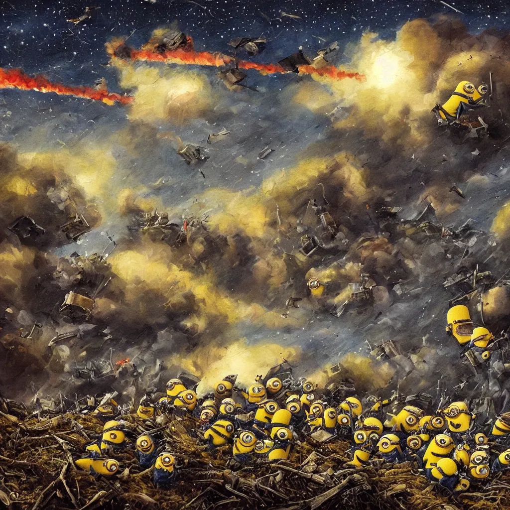 Prompt: oil painting of minions engaging in trench warfare in world war 1 with blimps overhead under a starry sky, gloomy, dark