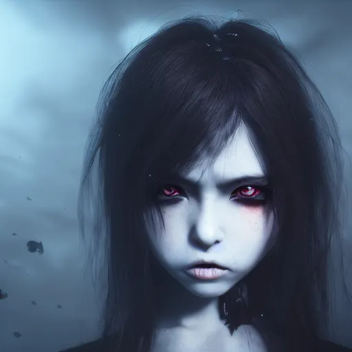 Image similar to photorealistic full shot portrait of angry darkness anime girl, dark look, inspired by Tim Burton, detailed, unreal engine 4k volumetric light, fog,