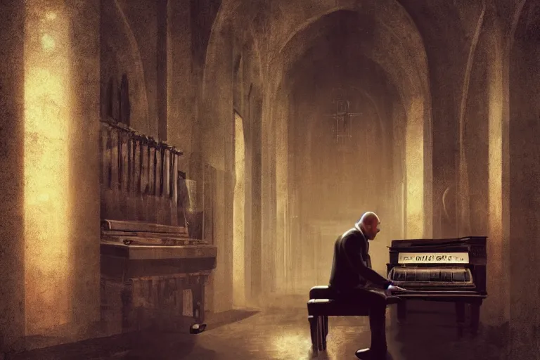 Image similar to an expressive portrait of agent 4 7 playing the piano in a monastery, dark background, red rim light, digital art, artstation, concept art by giger stalenhag