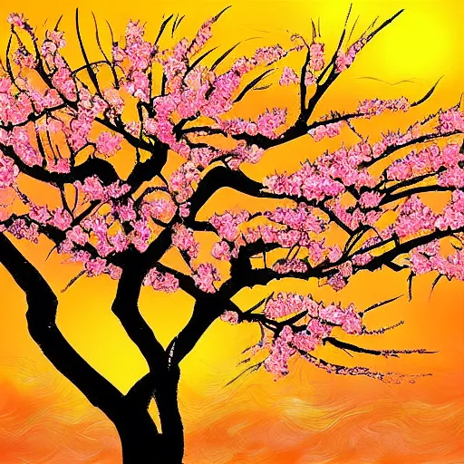 Prompt: birds on cherry tree, Changelingcore, serene, graceful, sunset photo at golden hour, Kodachrome, digital painting n -9