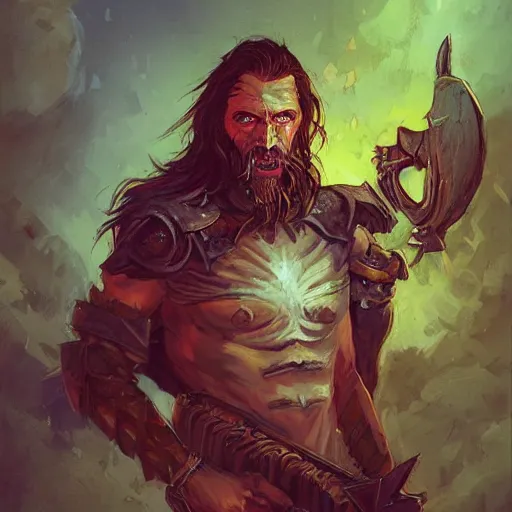 Image similar to a realistic portrait of Zaug, Slayer of hope, a barbarian warlock with a kind heart, background is a normal suburban backyard by Anato Finnstark, Jordan Grimmer, Ross Tran, and Vincent Di Fate Nausicaa