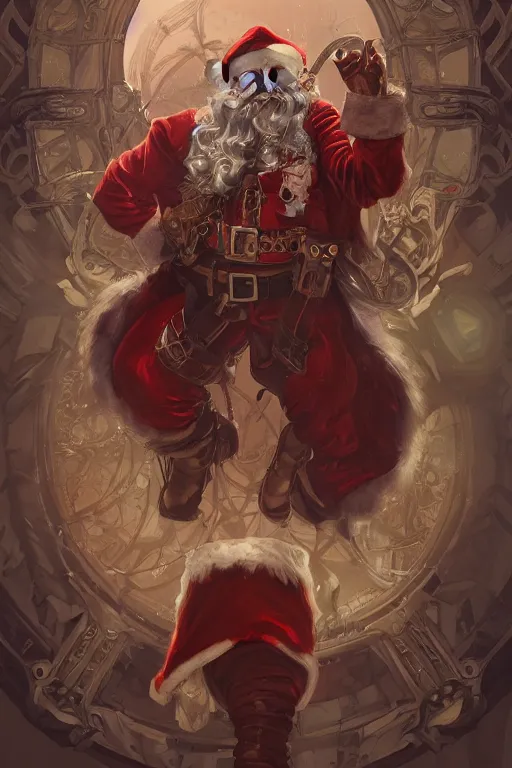 Prompt: evil santa claus steampunk half - cyborg cowboy, pelt coats, high fantasy, dnd, smooth, sharp focus, illustration, highly detailed, digital painting, artstation, concept art, by rossdraws, alphonse mucha, frank fanzzeta, collectible card art