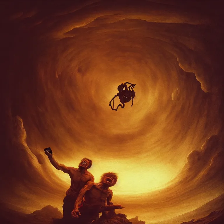 Image similar to man escaping hell, selfie gopro footage, fisheye, landscape portrait surreal painting, perfect composition, beautiful detailed intricate octane render, artstation, 8 k, photorealistic, volumetric cinematic light, chiaroscuro, masterpiece, raphael, bosch, caravaggio, beksinski, giger