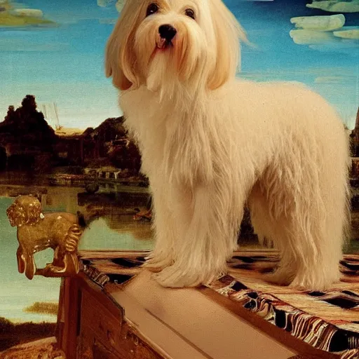 Prompt: a cream - colored havanese laying on top of a plastic sequined horse, a renaissance painting in the background, photo by david lachapelle, behance, transgressive art, renaissance painting, freakshow, official art