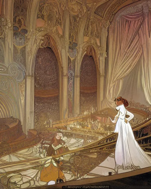 Image similar to painting alphonse mucha, interior of the opera house, view from the hall with a singer in a white dress on a lighted stage with an orchestra and audience in the hall, soft cinematic lighting, pastel color palette