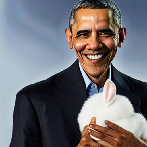 Image similar to Obama holding a small white bunny, realistic, ultra high detail, 8k.