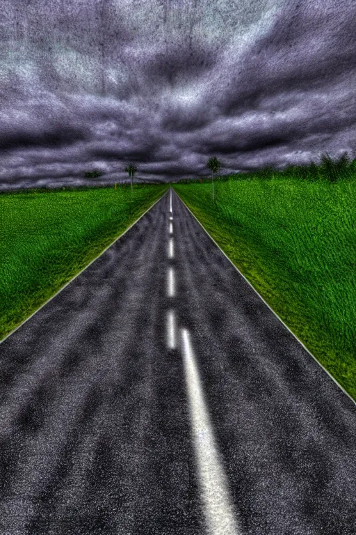 Image similar to walking down a single lane highway in a dream, tonemapped, photorealistic