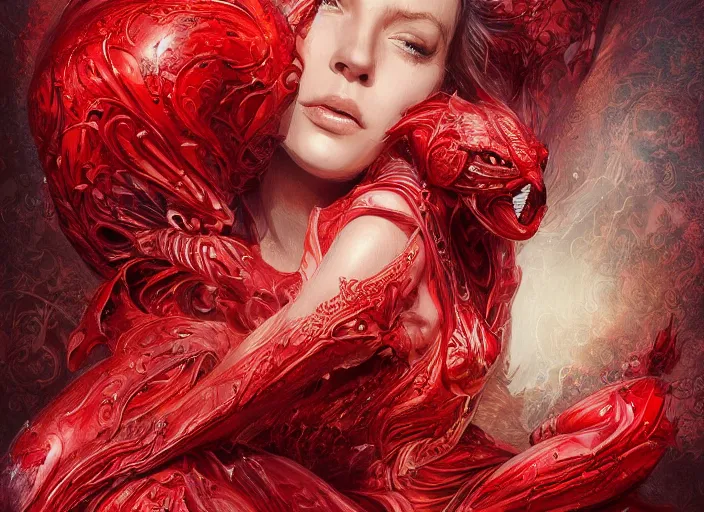 Image similar to woman in love sit upon a scarlet coloured beast, pain, royal dress, light effect, hyper detailed, intricate, atmospheric, elegant, highly detailed, digital painting, artstation, concept art, matte, sharp focus, illustration, by james jean, andrei riabovitchev, marc simonetti, yoshitaka amano