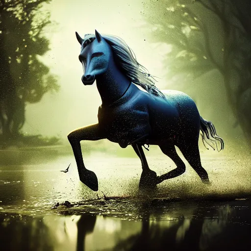 Prompt: a cyborg horse running though a murky swamp, natgeo photograph, shallow depth of field, highly detailed, cinematic lighting, vibrant colors, photorealism, epic, octane render