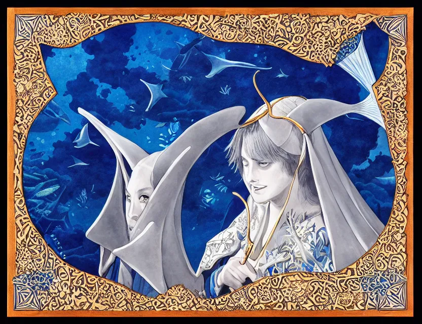 Image similar to priestess of historical manta rays. gouache painting by award - winning mangaka, intricate details, chiaroscuro, bloom, backlighting