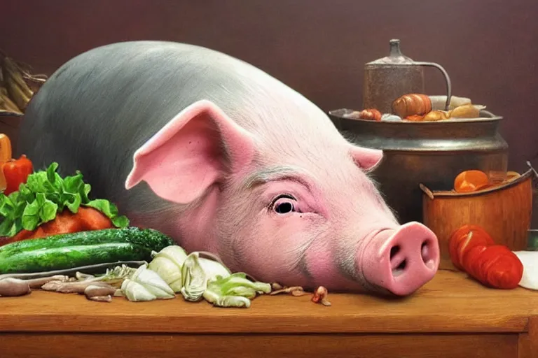 Prompt: a fake pig laying on top of vegetables on a table, a bronze sculpture by jeff a. menges, trending on pinterest, hyperrealism, hyper - realistic, hyper realism, playstation 5 screenshot