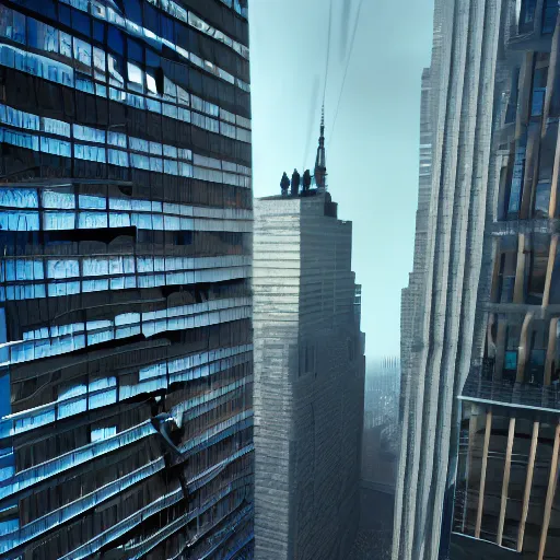 Prompt: photo of a giant skeleton climbing a skyscraper in new york, 8 k, volumetric lighting, octane render