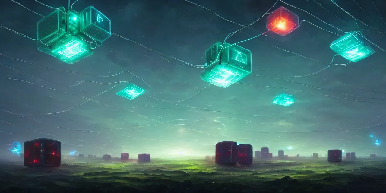 Image similar to a fleet of giant glowing futuristic cubes tied to each other with lots of wires in the sky, a fantasy magical landscape seen in the distance, atmospheric lighting, intricate, volumetric lighting, beautiful, sharp focus, ultra detailed, in the art style of marc simonetti, bowater charlie and brom gerald, astrophotography