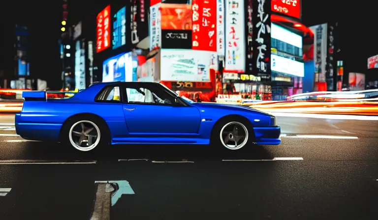 Image similar to sideview of a skyline gtr driving in tokyo at night, 4k photo, shot with sony alpha