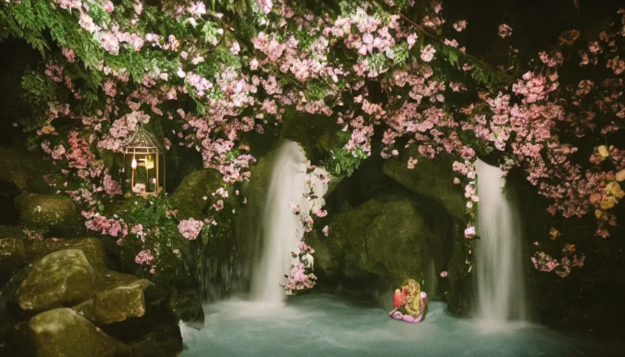 Prompt: a Petra Collins photo, 35mm film still of a very surreal magical European castle with a San Francisco style cafe in a lush waterfall garden, falling cherry blossoms pedals, in the style of Gucci and Wes Anderson glowing lights and floating lanterns, foggy atmosphere, rainy, moody, muted colors, magic details, very detailed, 8k, cinematic look,