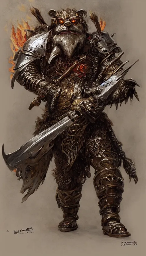 Prompt: single bugbear playing flaming ibanez bass guitar, black beard, cartoon, dungeons and dragons, ornate jeweled steel armour, strong outline, character design on white background, painted by, gaston bussiere, craig mullins, j. c. leyendecker 8 k