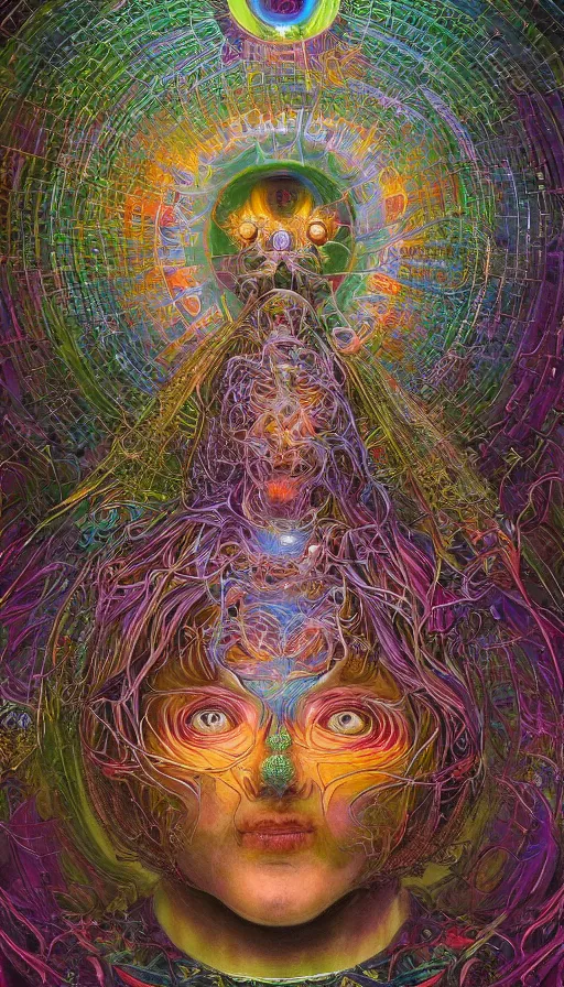 Prompt: Chromatic crystal themed painting of blissful forest psytrance monk fantasy human beautiful symmetrical face concept, infinity glyph, mandelbulber fractal toroidal background, intricate artwork by Johnatan Wayshak, Zdizslaw Beksinski, H.R. Giger, Ayami Kojima, Amano, Karol Bak, Greg Hildebrandt, and Mark Brooks, Neo-Gothic, gothic, rich deep colors, art by Takato Yamamoto, masterpiece, face by Artgerm, very coherent artwork, cinematic, hyper realism, high detail chromatic ink outline, octane render, unreal engine, 8k, High contrast, golden ratio, trending on cgsociety, ultra high quality model, production quality cinema model