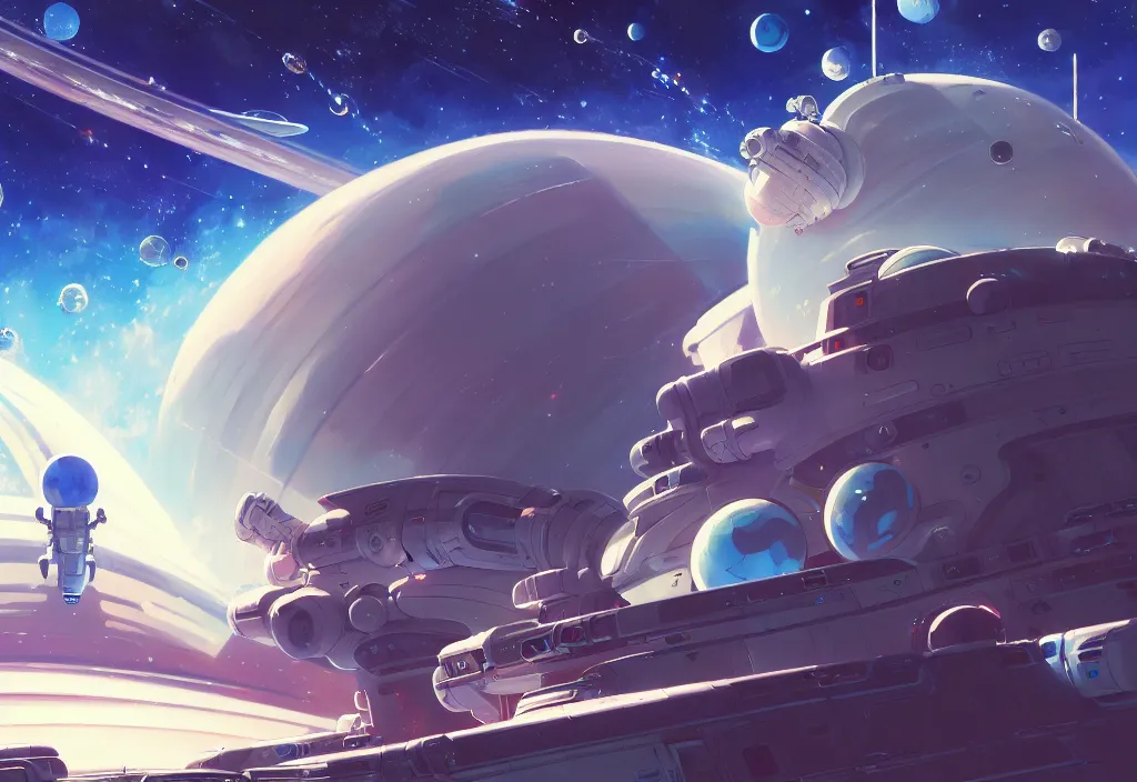 Image similar to a small chubby futuristic space station in space, planets in the background, intricate oil painting, high detail illustration, sharp high detail, manga and anime 1 9 9 9, official fanart behance hd artstation by jesper ejsing and makoto shinkai, 4 k,