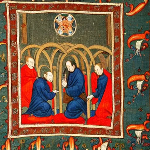 Prompt: medieval art tapestry monks trying to connect laptop to wifi