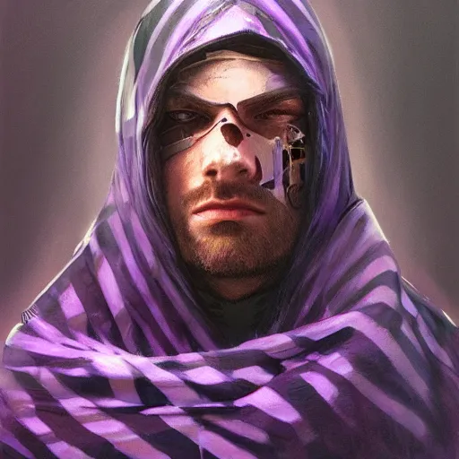 Image similar to ultra realistic illustration, man in a black hood, in a striped purple balaclava, mysterious, highly detailed, digital painting, artstation, concept art, smooth, sharp focus, illustration, art by artgerm and greg rutkowski and alphonse mucha