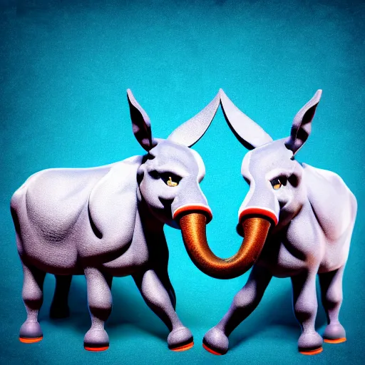 Image similar to angry blue donkey arguing with angry red elephant, white background, photo realistic