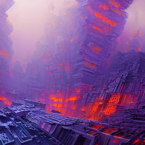 Prompt: Hyperdetailed render of A beautiful painting of Fractal abstract painting of cyberpunk landscape city in blue-purple-orange color scheme in I can\'t believe how detailed this is. by greg rutkowski, Trending on artstation Taro card, cubism brutalism architecture, Lava Canyons, magma burst, little crystals everywhere. Bladerunner 2049 concept art