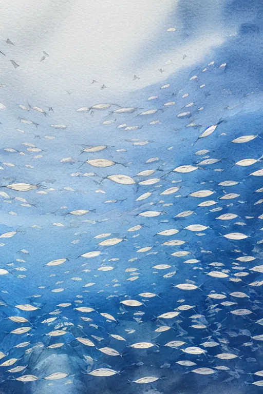 Image similar to a beautiful watercolour on 3 0 0 gsm paper of a school of mackerel, 8 k, frostbite 3 engine, cryengine, dof, trending on artstation, digital art, crepuscular ray