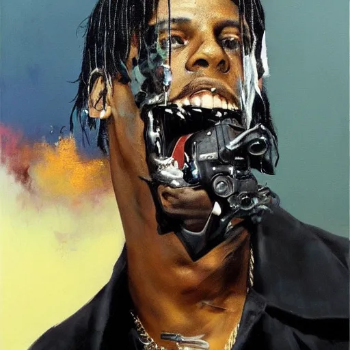 Image similar to travis scott, muzzle flare, head exploding, bullet line, painting by phil hale, francisco goya,'action lines '!!!, graphic style, visible brushstrokes, motion blur, blurry, hd image, sideview