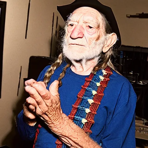 Image similar to willie nelson having a smoke backstage.