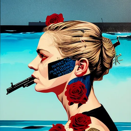 Prompt: portrait of british woman :: side profile :: in ocean :: roses and guns metal details :: gold :: blood and horror :: by marvel and Sandra Chevrier