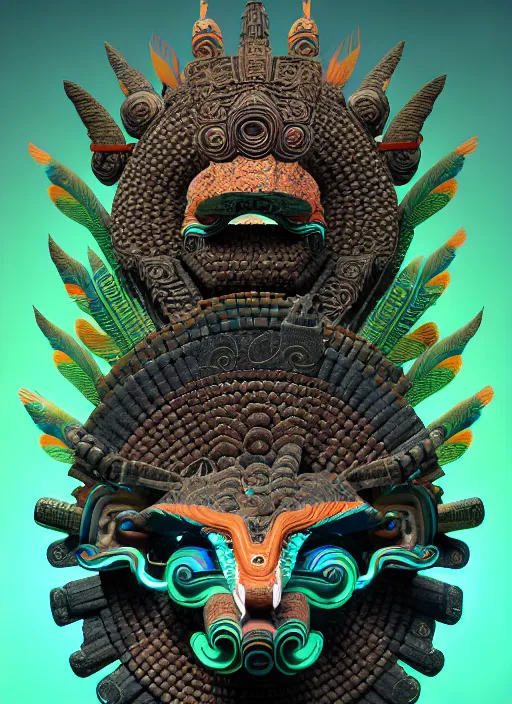 Image similar to 3 d goddess long shot. beautiful intricate highly detailed quetzalcoatl mask and feathers. ahuizotl, atotolin, bioluminescent, plasma, lava, ice, water, wind, creature, lightning and dark clouds, artwork by tooth wu and wlop and beeple and greg rutkowski, 8 k trending on artstation,