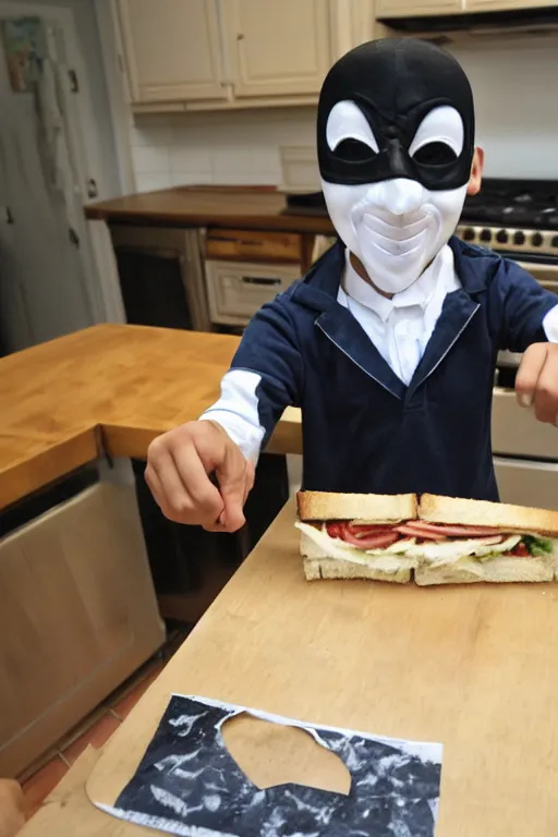 Image similar to a schoolboy in a mask v for vendetta makes sandwiches on the kitchen table