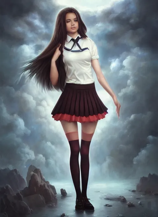 Image similar to a beautiful woman with school uniform, seifuku, pleated miniskirt, overknee socks, adriana lima, painted by artgerm and tom bagshaw, fantasy art, dramatic lighting, highly detailed oil painting, volumetric lighting