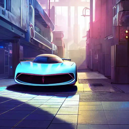 Image similar to futuristic car parked in front of a glowing sci-fi container in a pleasant urban setting, peaceful, majestic, a sense of hope, in style of apex legends, art station, ultra hd, soft light, overhead sun, ultra hd, art station