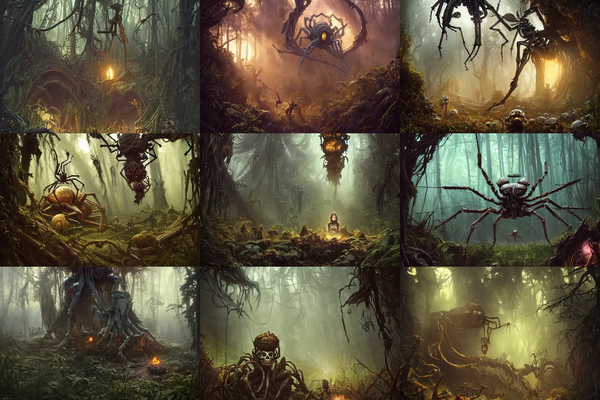 Prompt: a hyperrealistic render of a spider's lair, skeletons cobwebs, forest, twilight, outdoor, art by Artgerm and Greg Rutkowski and Alphonse Mucha, hearthstone art style, epic fantasty card game art, Beautiful dynamic dramatic moody lighting, shadows, cinematic, Octane, 8K