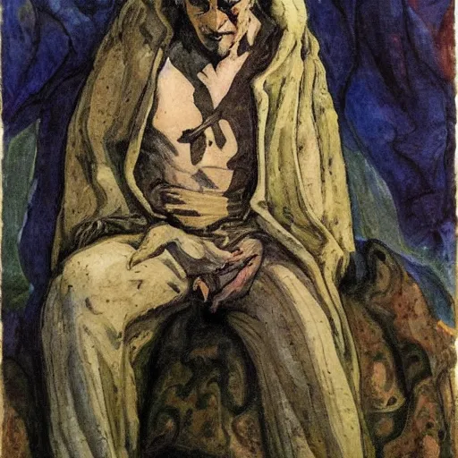 Image similar to comics sandmanin a cloak by Neil Gaiman, in style The Demon Seated, by Mikhail Vrubel, oil painting, art gallery, art museum, small details, whole-length