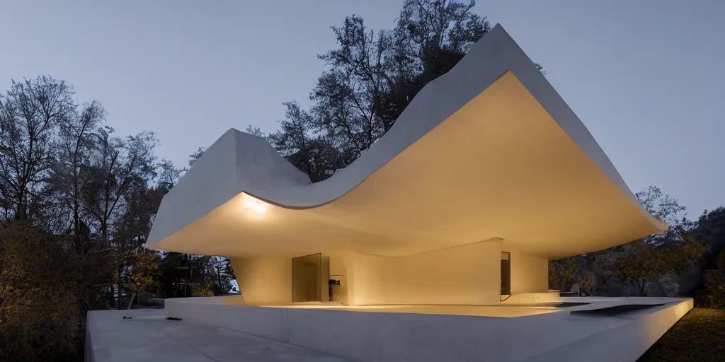 Prompt: Architectural photography of beautiful nature meets architecture concept of a residential house by Smiljan Radic, volumetric lighting,, luxury, high detail, 14mm, cinematic photography, archdaily, high resolution