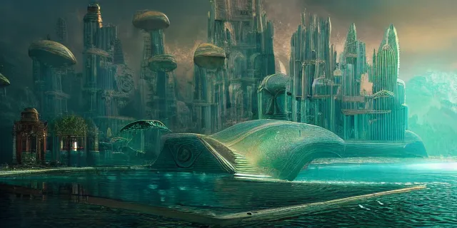 Prompt: emerald tablet, epic large underwater city, highly detailed, photorealistic, octane render, beautiful, glorious, matte painting, cinematic