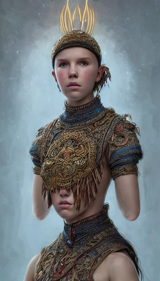 Image similar to girl millie bobby brown, mongolian shaman clothing, ritual, fame of thrones, fibonacci, sweat drops, intricate fashion clothing, insane, intricate, highly detailed, surrealistic, digital painting, artstation, concept art, smooth, sharp focus, illustration, unreal engine 5, 8 k, art by artgerm and greg rutkowski and alphonse mucha