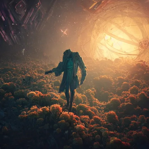 Prompt: corrupted sentinel enjoying picking up flower on infested planet art by mike winkelmann, power auras, sigils, tattered cloth robes, substance 3 d painter, pbr textures, physical based rendering, cinematic, hyper realism, high detail, octane render, unreal engine, 8 k, vibrant colors, smooth gradients, high contrast, depth of field, aperture